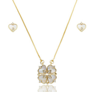 Conjunto Colar e Brincos Trevo Banhado ao Ouro 18k